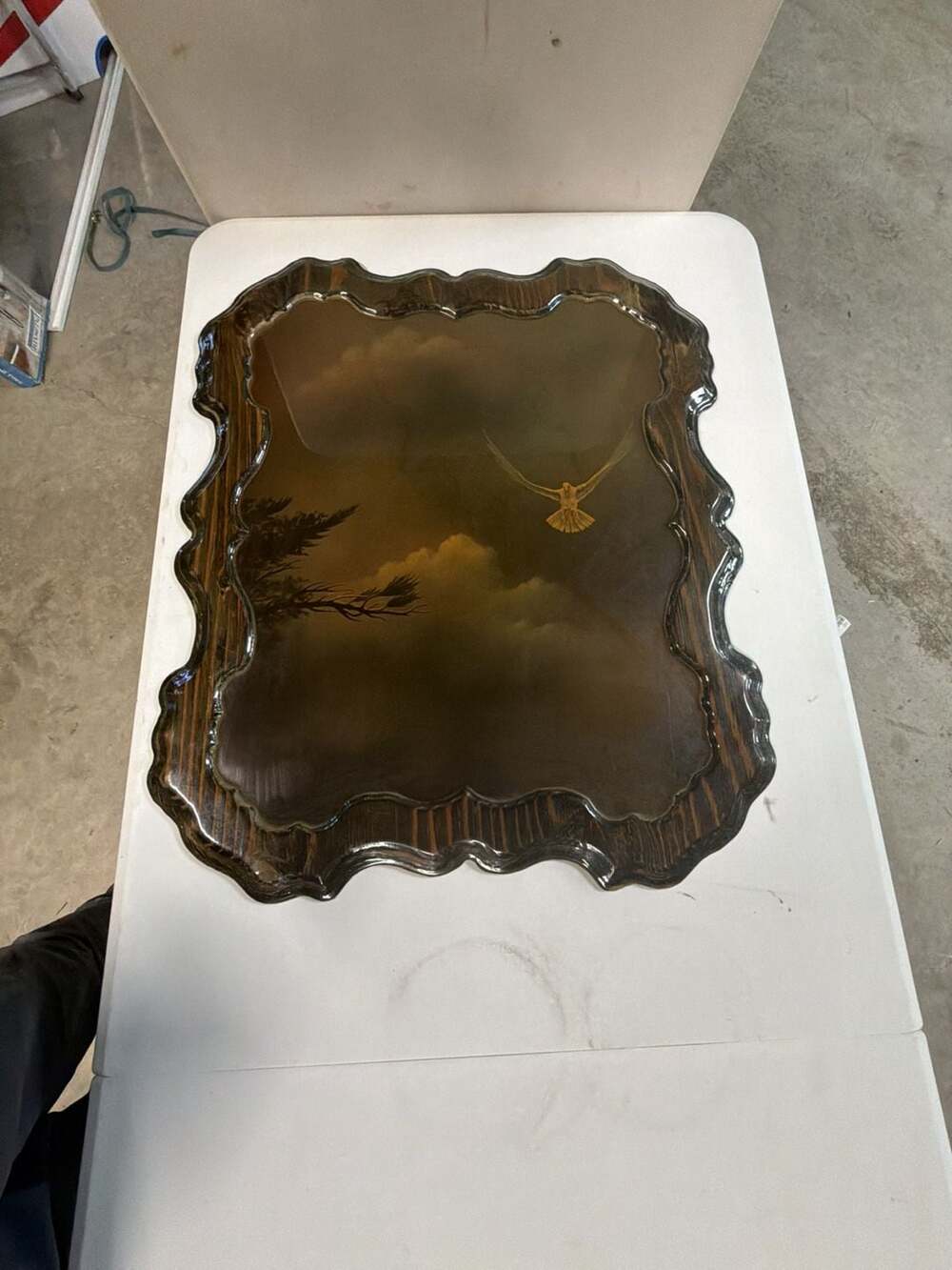 Vintage Scalloped Edge Lacquered Wall Art Plaque with Flying Dove Motif